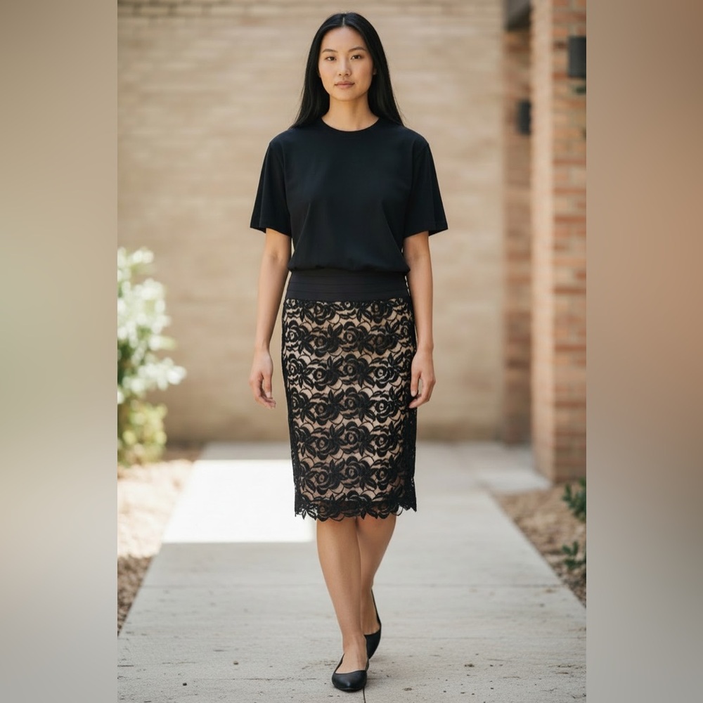 Body by Victoria Skirt Black Lace Long Silk Lining Office Siren Career Waist 6